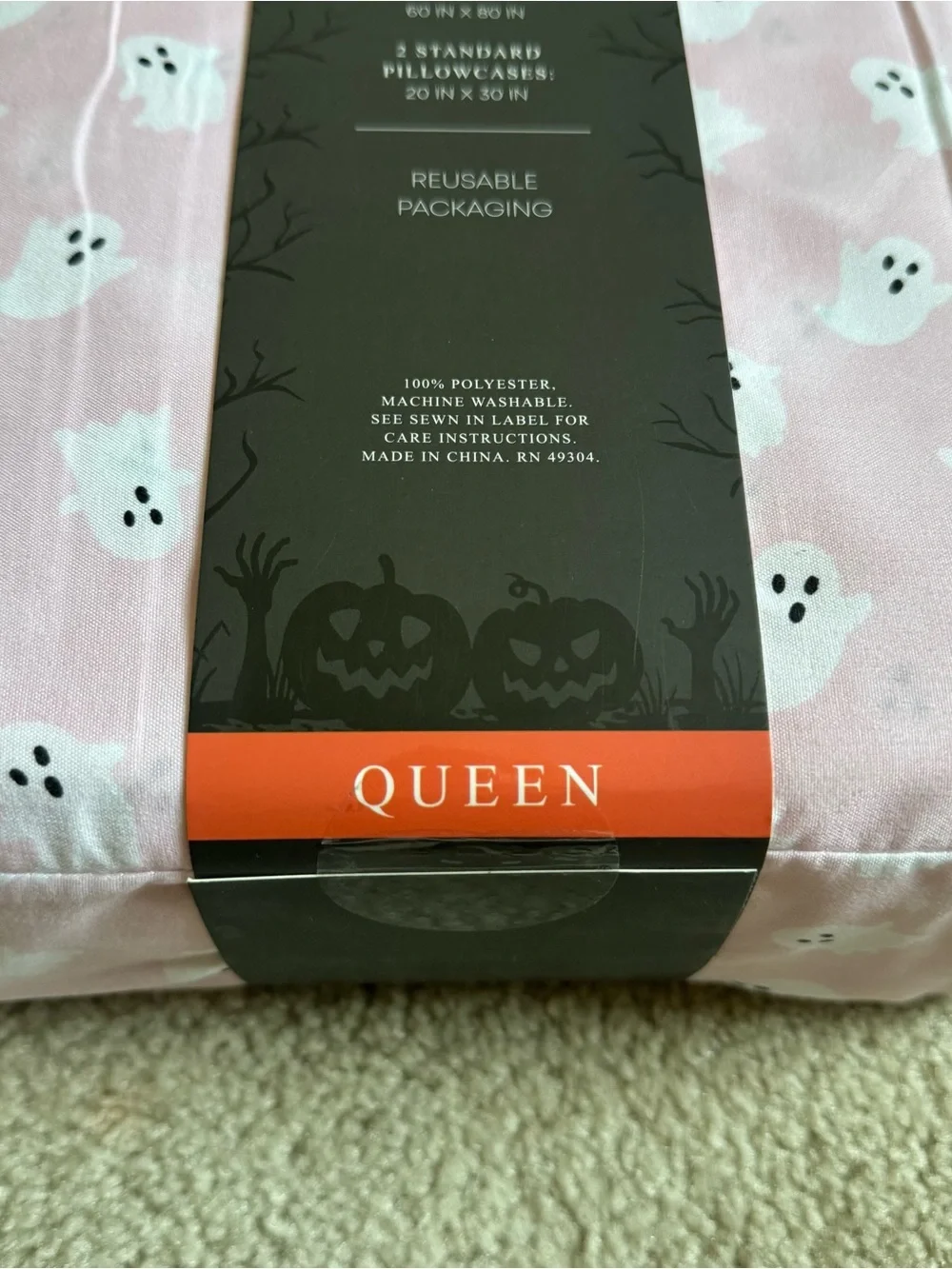 Spooky Story Queen 4-Piece Bed Sheet Set Pink Ghost Halloween Print New Bedding